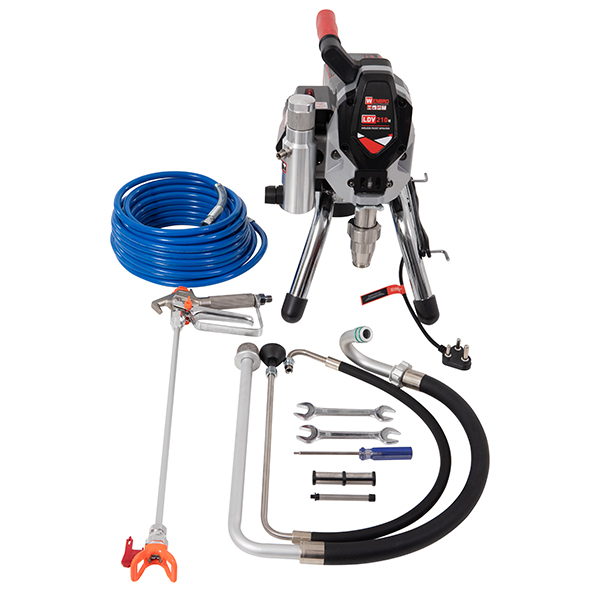 Wenbro Hire Electric Airless Paint Sprayer front view on a stand with all attachments