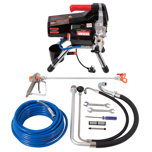 Wenbro Hire Electric Airless Paint Sprayer on a stand side view with all attachments