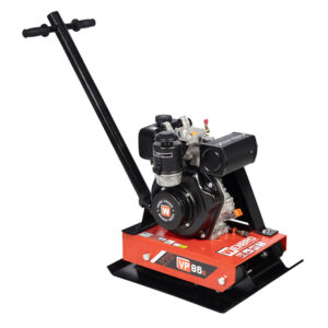 Three-quarter view of a red Wenbro XTR Plate Compactor Diesel showing the engine, handle and vibration plate.