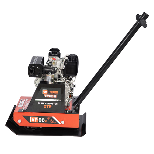 Side view of a red Wenbro XTR Plate Compactor Diesel showing the engine, handle and vibration plate.